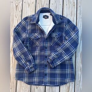 Freedom Foundry Mens Large Sherpa Fleece Lined Plaid Shirt Jacket Blue Grey West